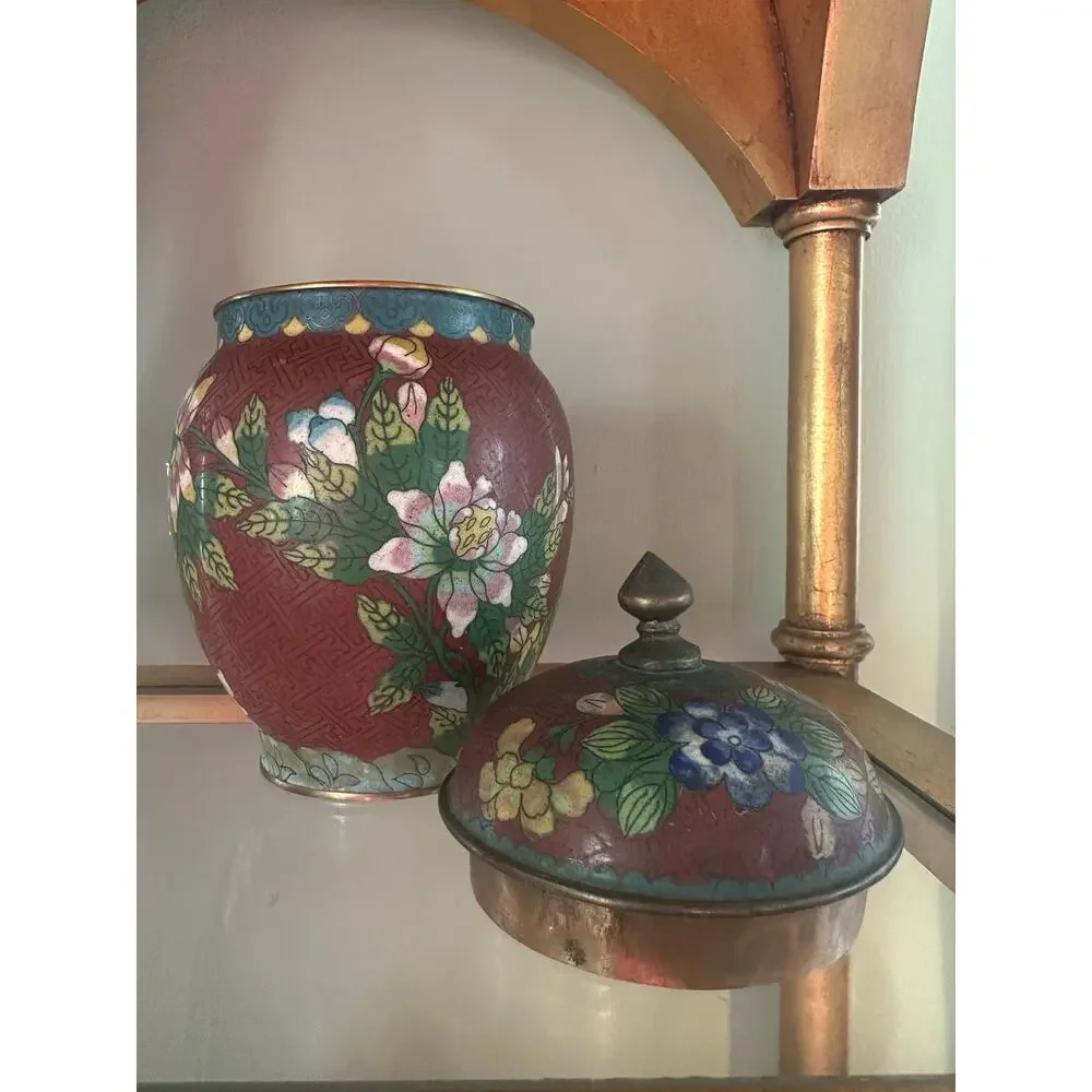 Vintage Chinese Cloisonné Enamel Ginger Jar Flowers  8” rust blue turquoise